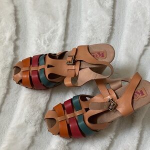 Kork-Ease Multicolor Woven Leather Sandals - Tan, Red & Teal